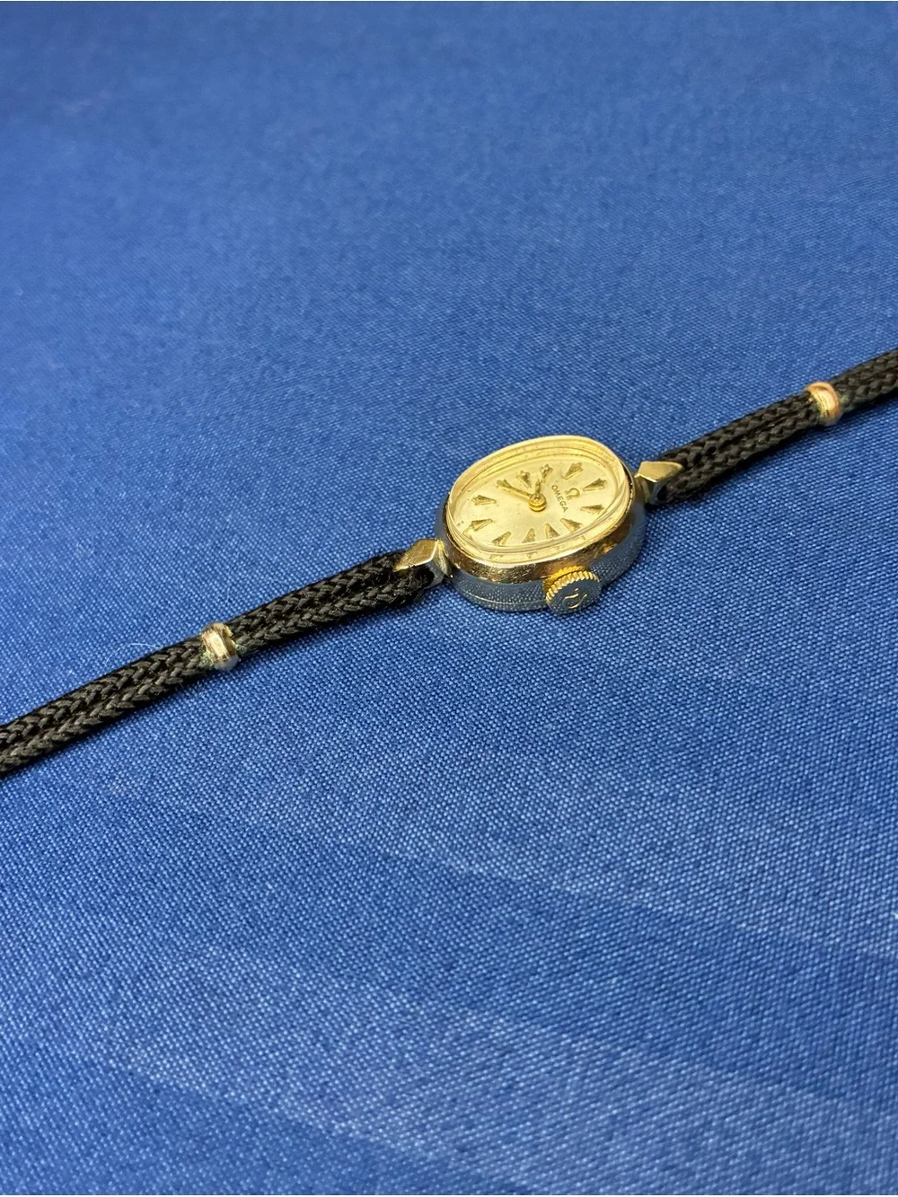 Omega Ladies 14k GF Oval Watch with Black Cord Strap